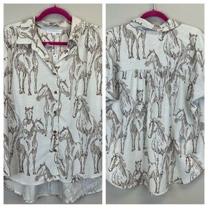 Jane and Delancey Womens L NWT White and Brown Horse Print Button-Down Shirt